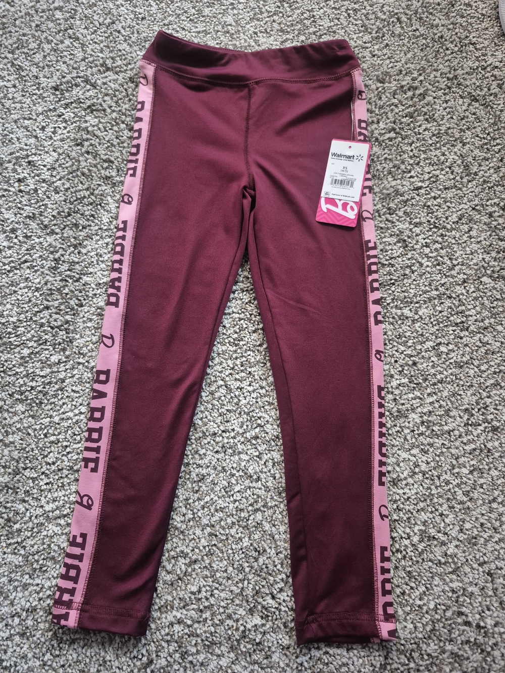 Barbie Girls' Maroon Athletic Leggings with Pink Stripe Size 4/5